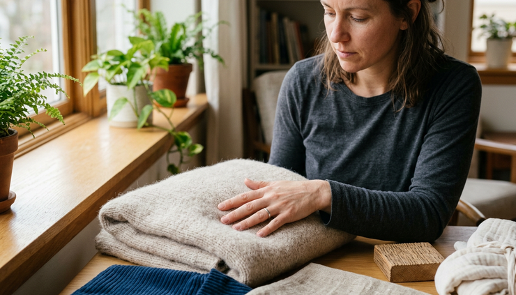 Close-up view of a hand touching a soft fabric beside a row of textured materials