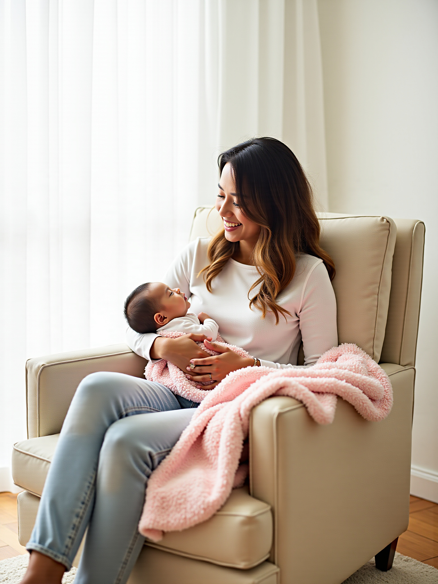 A loving mother cradling her baby in her arms while seated on a cozy armchair, radiating a sense of gentle comfort and deep maternal love.