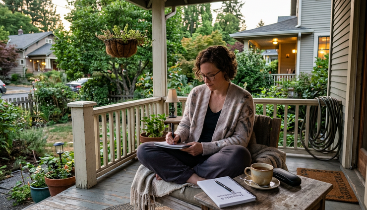 Wide-angle view of an adult sitting on a porch with a notebook and warm tea