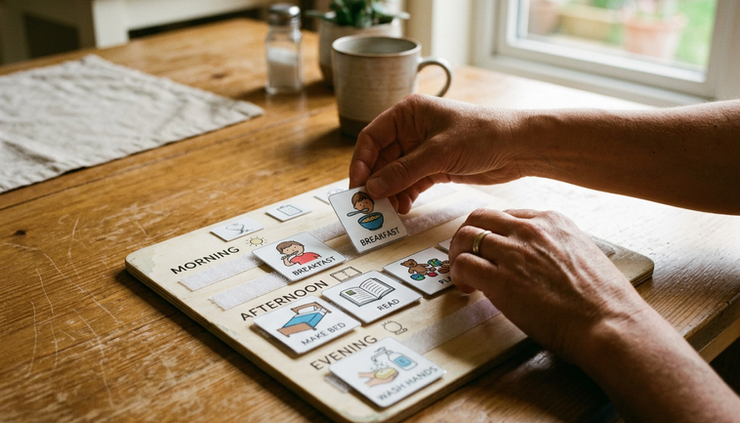 Close-up of hands using a visual schedule with simple activity cards