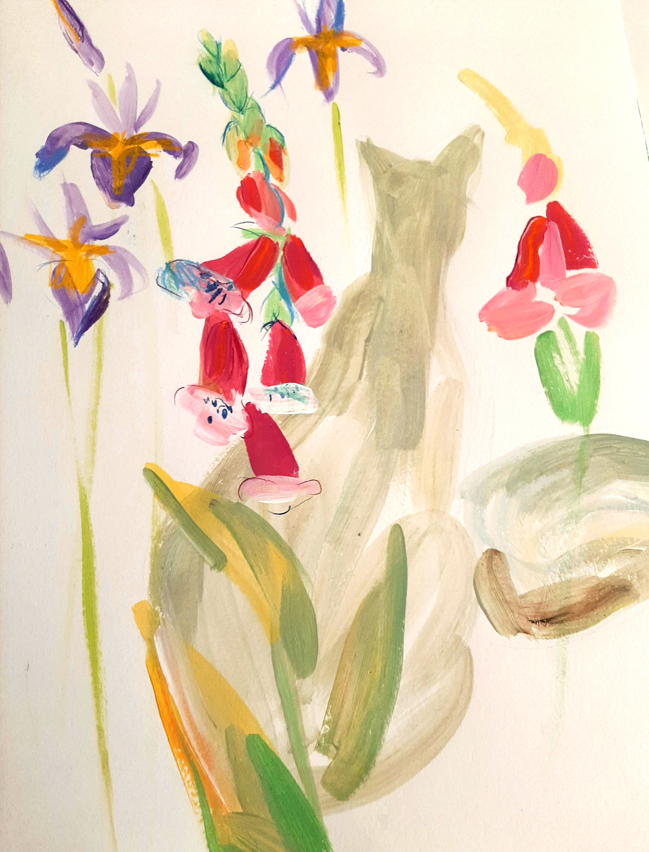 Foxgloves and cat watching the fish