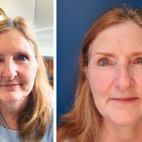 A before and after of powder brows demonstrating the importance of symmetry