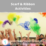 Many children in a white gymnasium throwing transparent blue, green, and yellow square scarves in the air and catching them.
