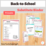 Colorful paper documents laying on a wooden desk. Documents contain pages pulled from a substitute planner that have wavy teal or pink boarder graphics.