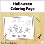 Black and white coloring page featuring 4 hip hop dancing skeletons with pumpkin heads under a full moon with bats flying.