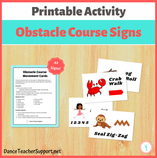 Four movement cards and an instruction sheet laying on a blonde wood desk. Pictured on the movement cards are crabs, logs, seals and a young girl doing fitness activities.
