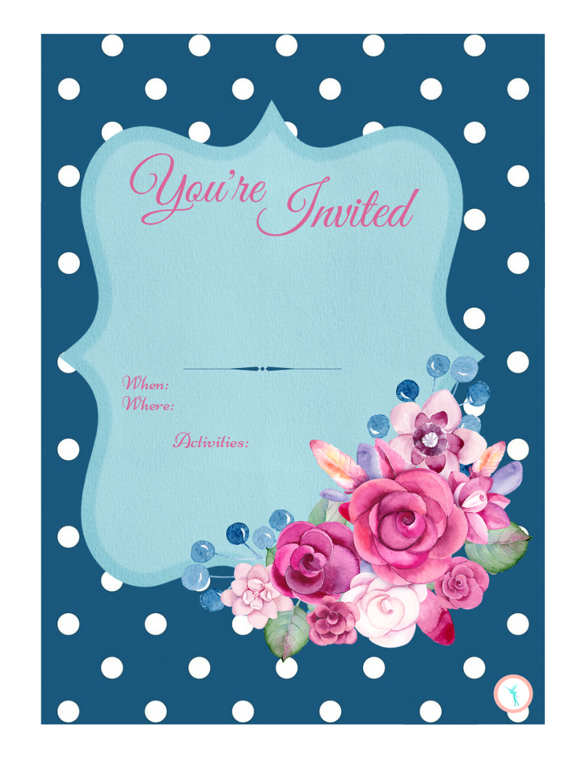 Thumbnail: An 8.5" x 11" template of the invitation. Navy blue background with white polka dots and a purple floral accent.