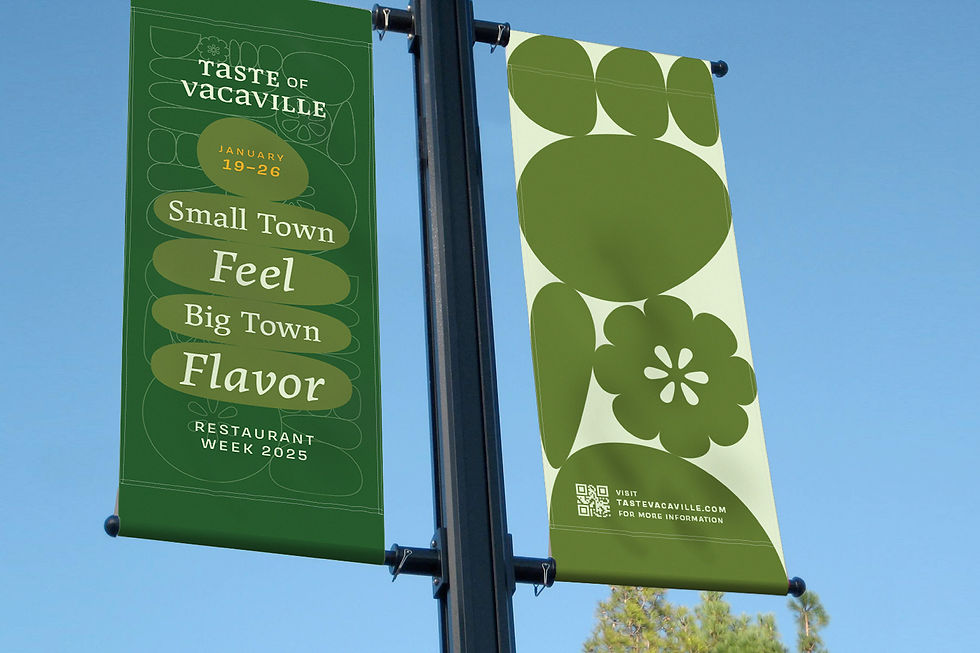 green blade signage with fun food shapes promoting the taste of vacaville "small town feel. big town