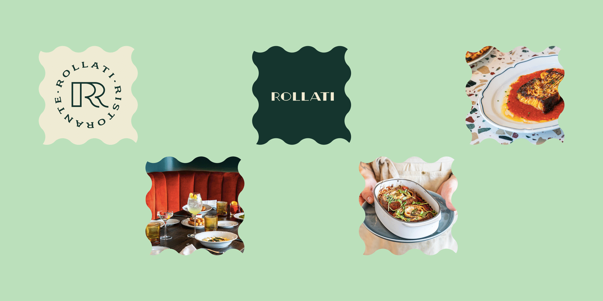 Animated graphic of Rollati brand elements in wavy raviolis displaying restaurant dishes and brand elements like the logo family and rabbit illustrations