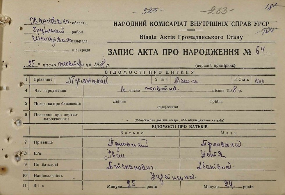Запис про народження діда Васі з підписом батька – прадіда Перловського Івана Степановича (ДАПО, ф. Р-9126, оп.2, спр.39, акт 64)