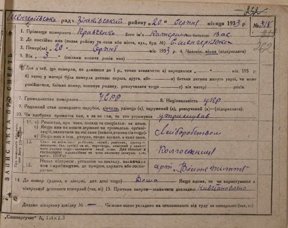 Акти про смерть племінників прабаби – Кравченко Олексія, Василя і Катерини (ДАПО, ф. Р-9126, оп. 2, спр. 31, стрю 260, 261, 262)
