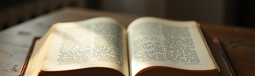 A portrait shot of an old, open genealogy book on a wooden table, with soft natural light
