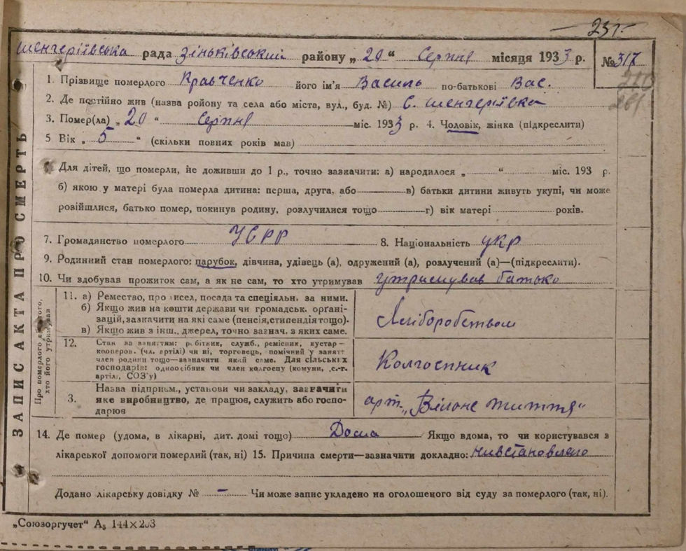 Акти про смерть племінників прабаби – Кравченко Олексія, Василя і Катерини (ДАПО, ф. Р-9126, оп. 2, спр. 31, стрю 260, 261, 262)