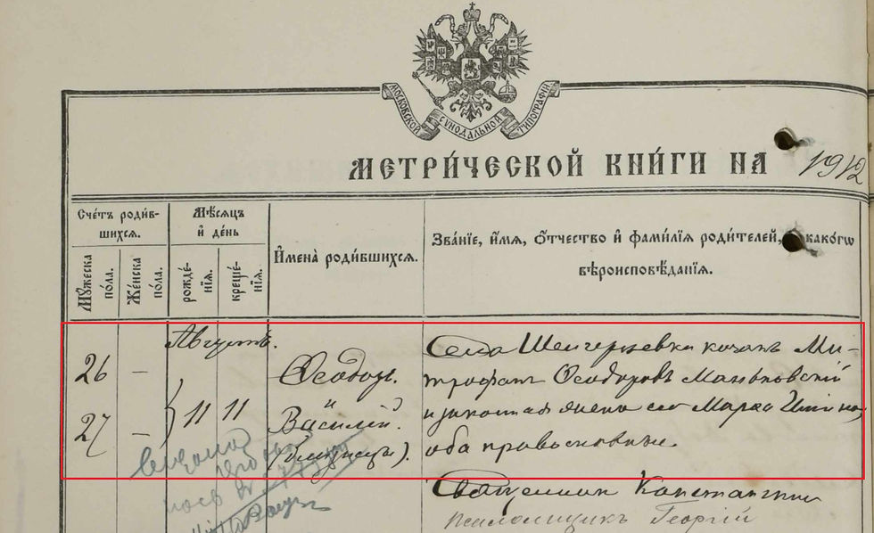 Запис у метричній книзі про народження дітей-близнят Маньківського Митрофана Федоровича (раніше – Манько) (ДАПО, ф. 1011, оп. 4, спр. 37, ст. 17)