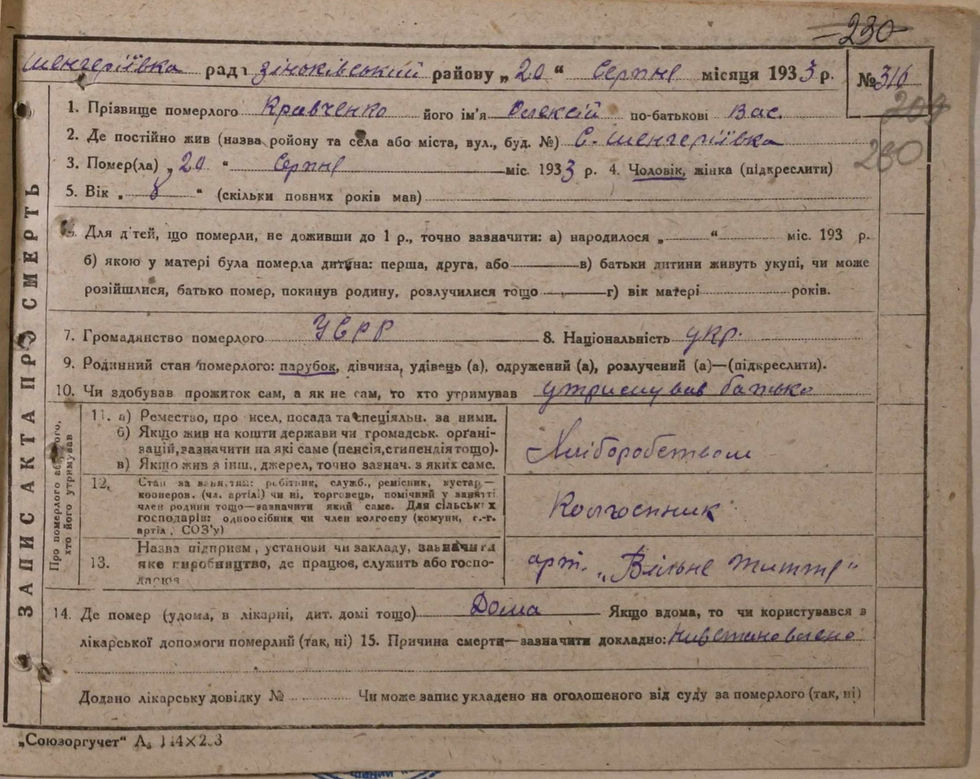 Акти про смерть племінників прабаби – Кравченко Олексія, Василя і Катерини (ДАПО, ф. Р-9126, оп. 2, спр. 31, стрю 260, 261, 262)