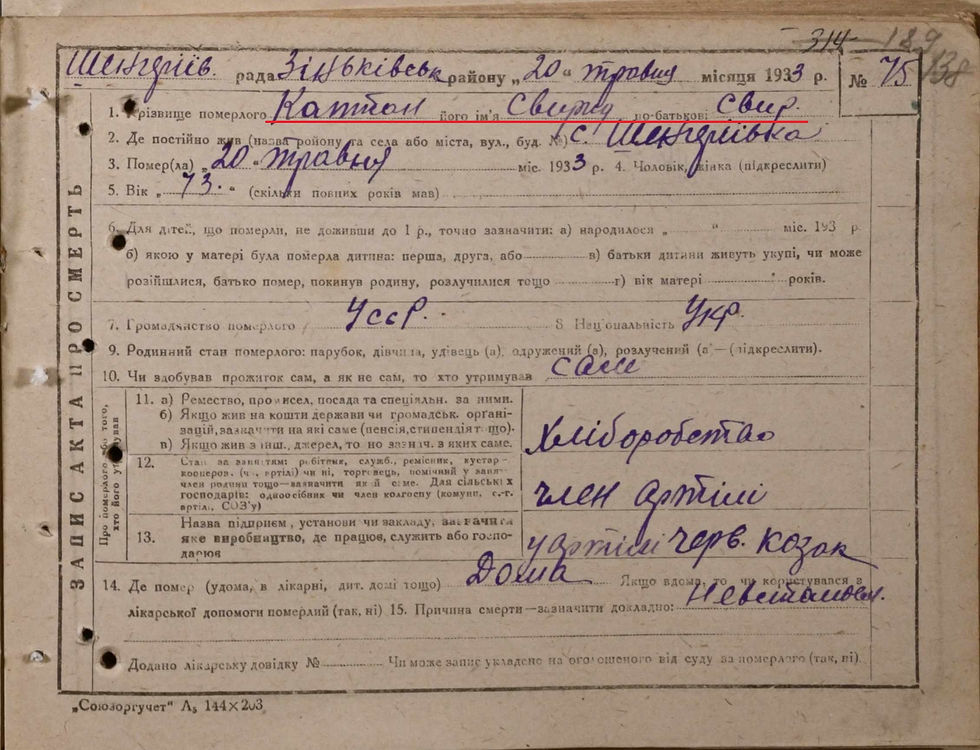 Запис про смерть тричі прадіда Каптана Свирида Свиридовича у Книзі реєстрації актів про смерть за 1933 р. (ДАПО, ф. Р-9126, оп. 2, спр. 31, ст. 189)