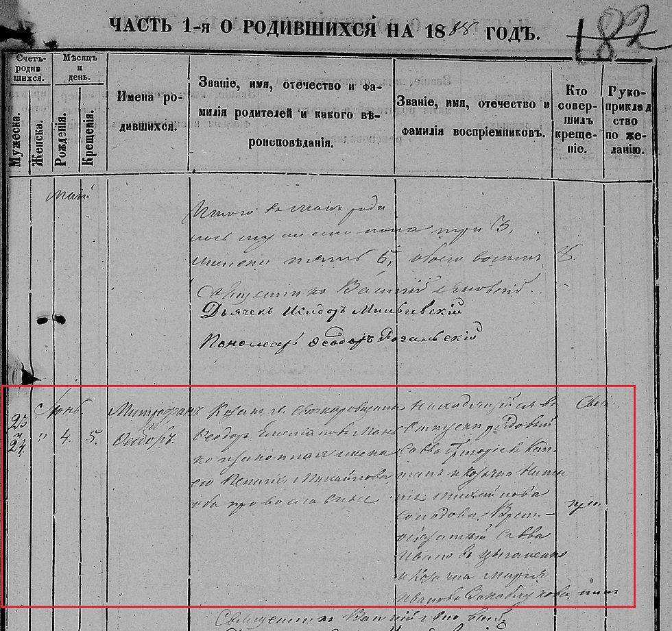Запис у метричній книзі про народження Манька Митрофана і Федора Федоровичів (ДАСО, ф. 1195, оп. 1, спр. 8, ст. 182)