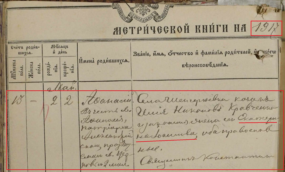 Запис у метричній книзі про народження Опанаса – останньої десятої дитини Кравченків Іллі Никоновича та Катерини Іванівни, 1917 р. (ДАПО, ф. 1011, оп. 4, спр. 44, ст. 52)