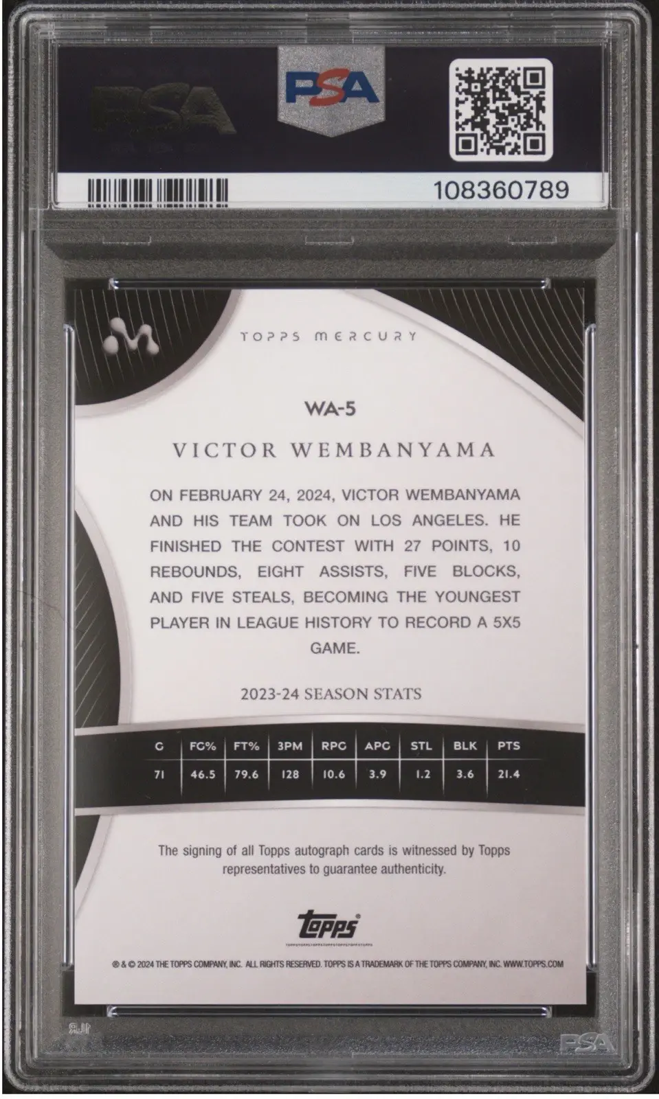 Back of Victor Wembanyama PSA 9 card with stats and info