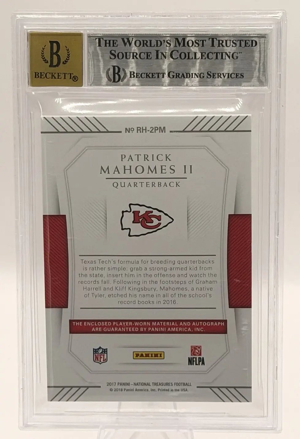 Back of Beckett graded Patrick Mahomes II card in case