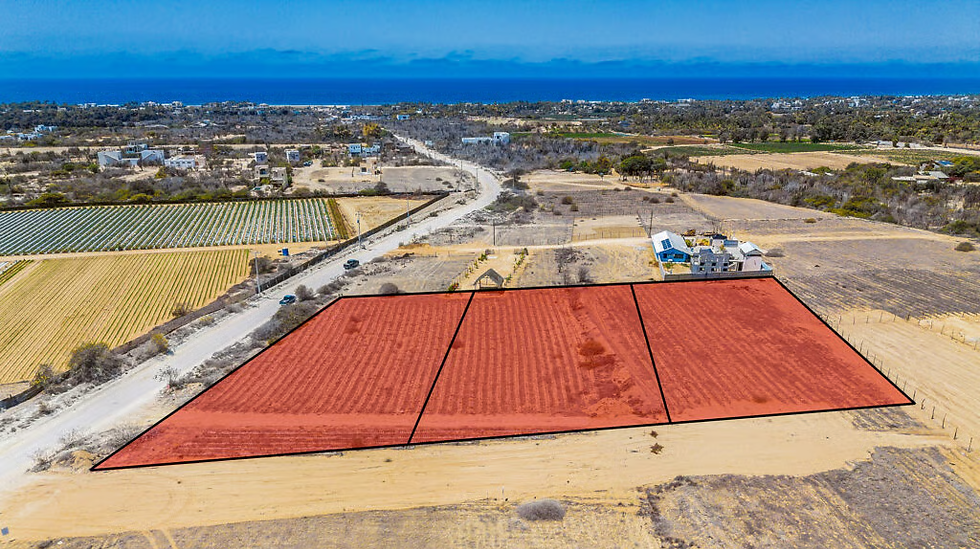 Aerial view of property outlined with red, fields, and ocean in the background