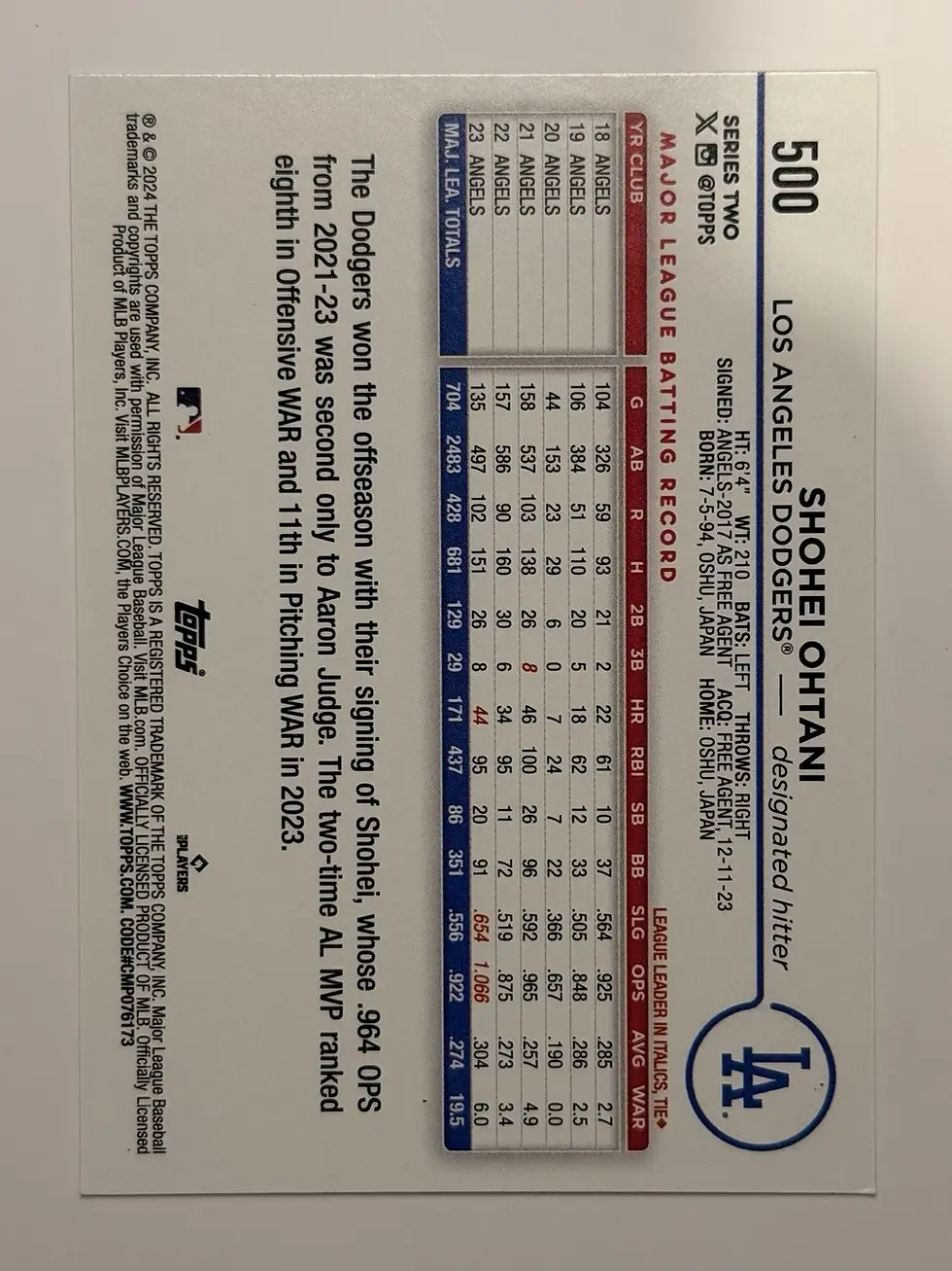 Thumbnail: Back of Shohei Ohtani #500 Los Angeles Dodgers card