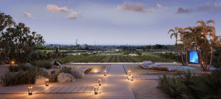 Pathway leads to the outdoor area with lights in the background.