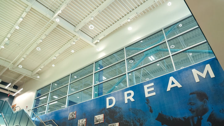 Glass facade interior with MLK Dream branding visible