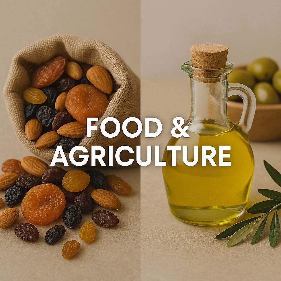 Mixed nuts and olive oil bottle representing food and agriculture products