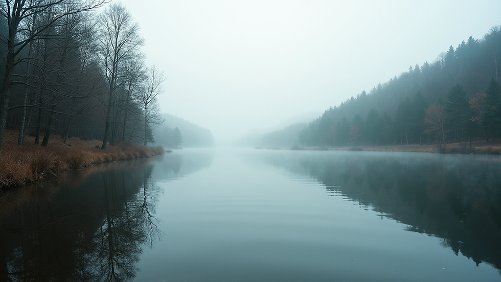 Eye-level view of a serene landscape with a calm lake and surrounding trees