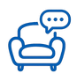 blue icon of armchair with chat bubble