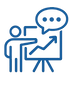 blue icon of person pointing to chart with text bubble