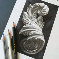 Pencil drawing of a wooden carved acanthus design finial on a back background