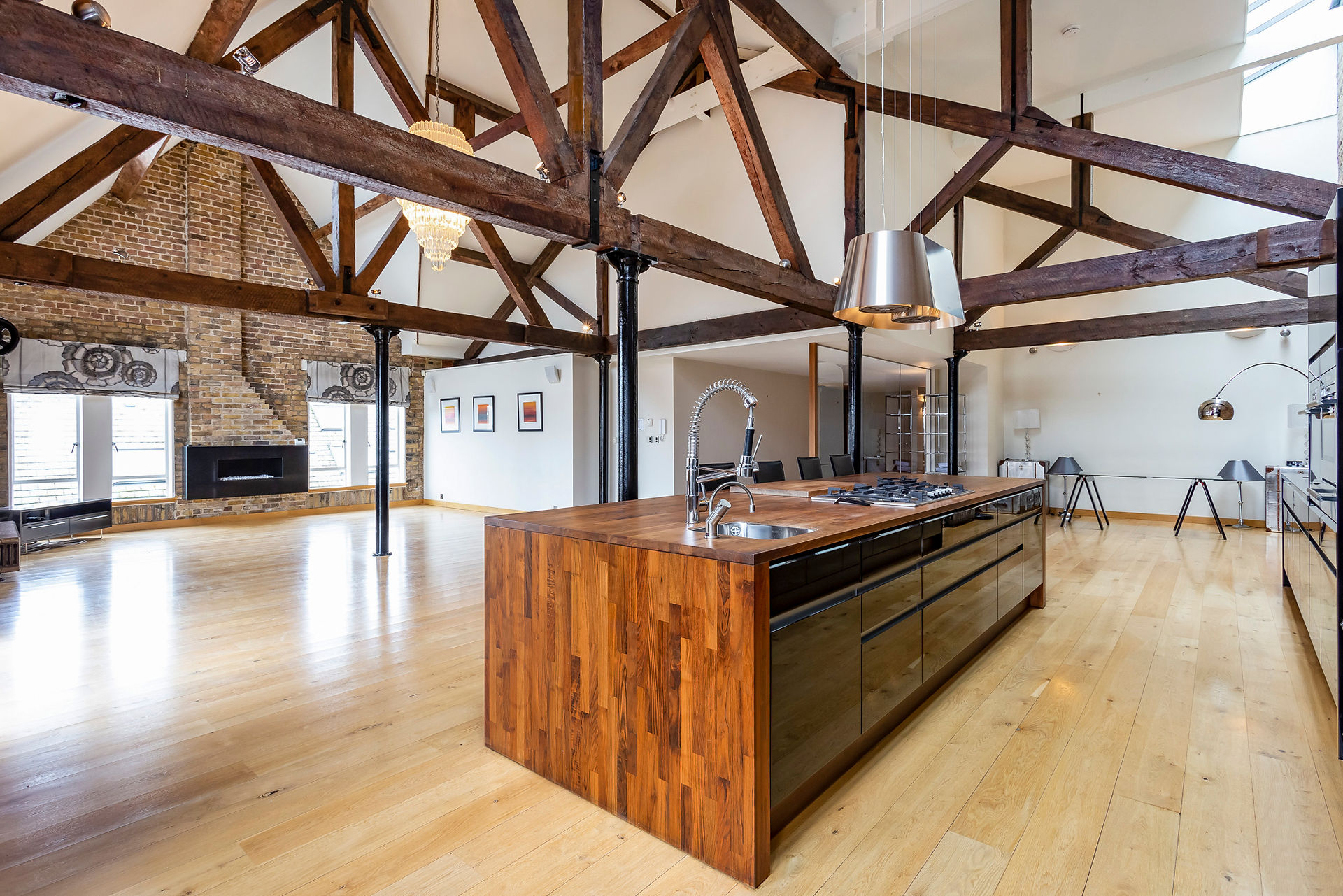 Open plan loft kitchen, Tower Hamlets, London