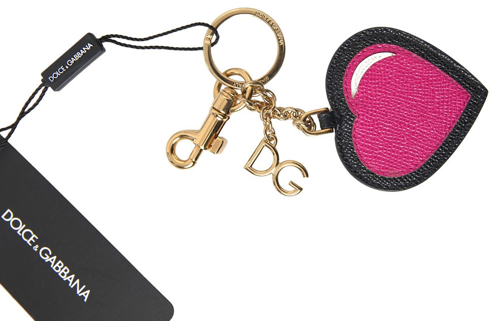 Thumbnail: Dolce & Gabbana Black Fuchsia Heart Leather Gold Metal Keyring Keychain