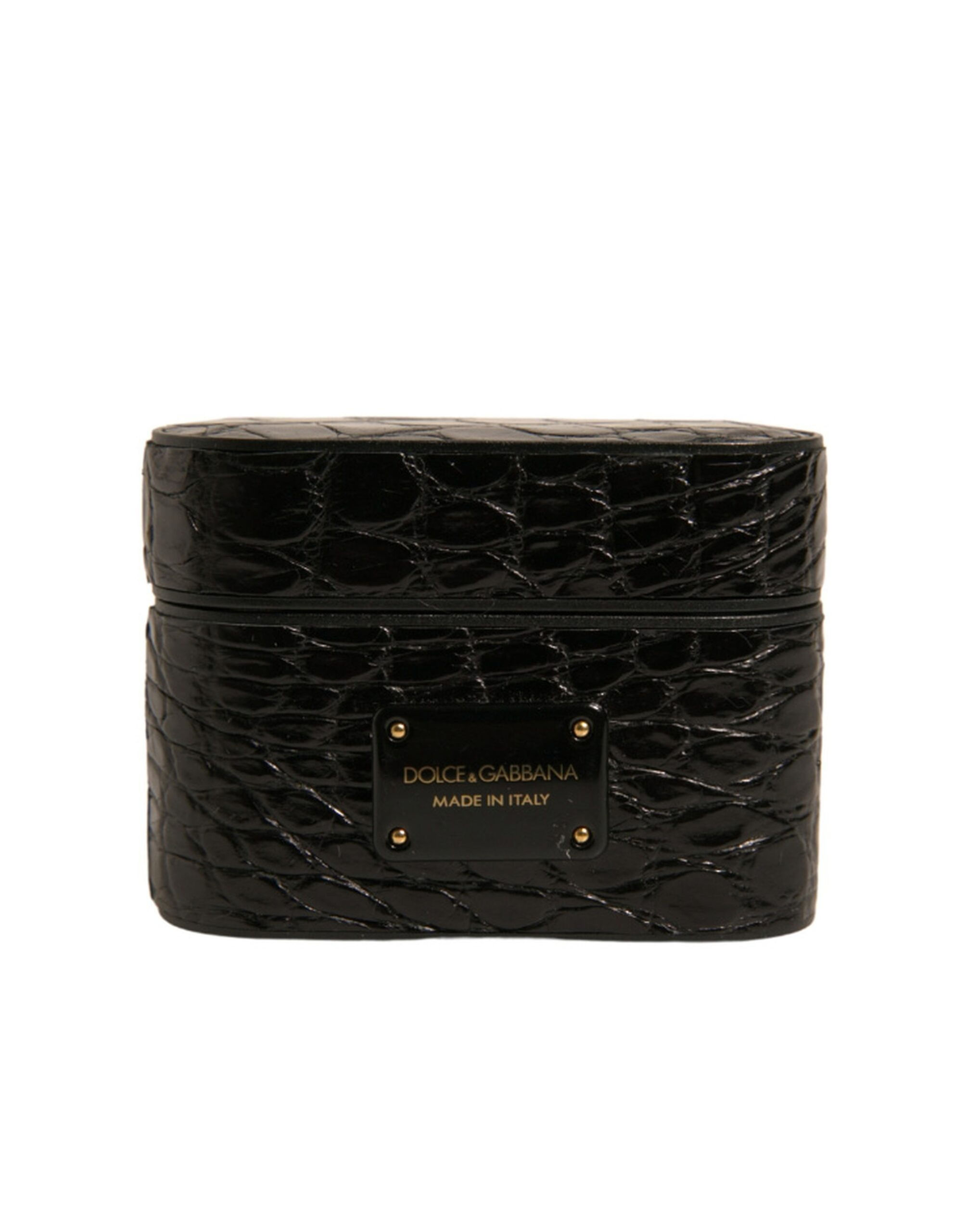 Dolce & Gabbana Black Leather Metal Logo Plaque Holder Airpods Case