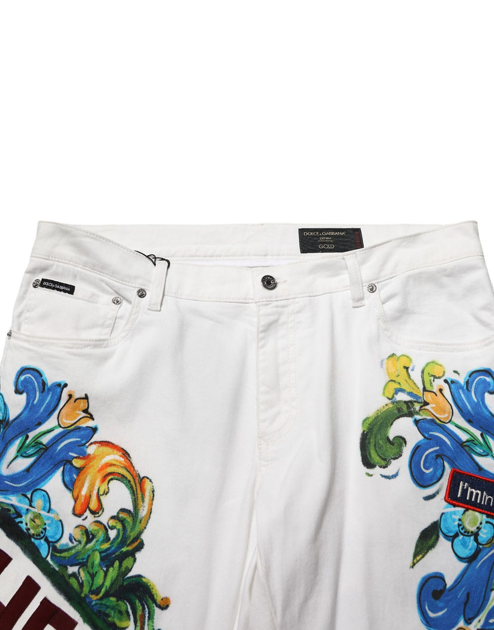 Thumbnail: Dolce & Gabbana White Graffiti Print Skinny GOLD Denim Jeans