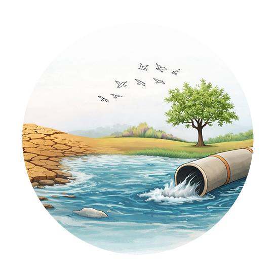 Polluted river with dead fish, dry soil, green tree, and birds flying in the background