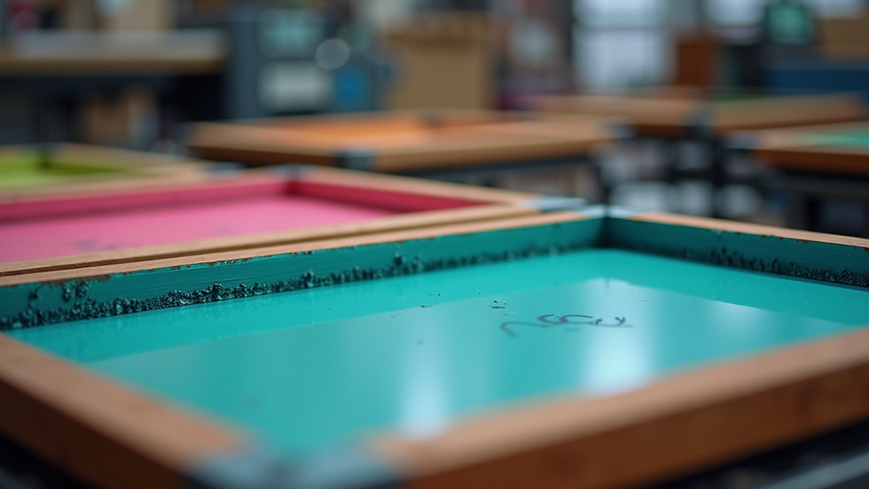 Close-up view of a screen printing setup with vibrant inks