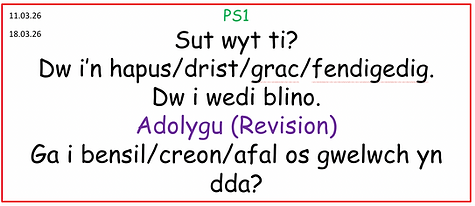 Welsh phrases for greetings and revision, like 'Sut wyt ti?'