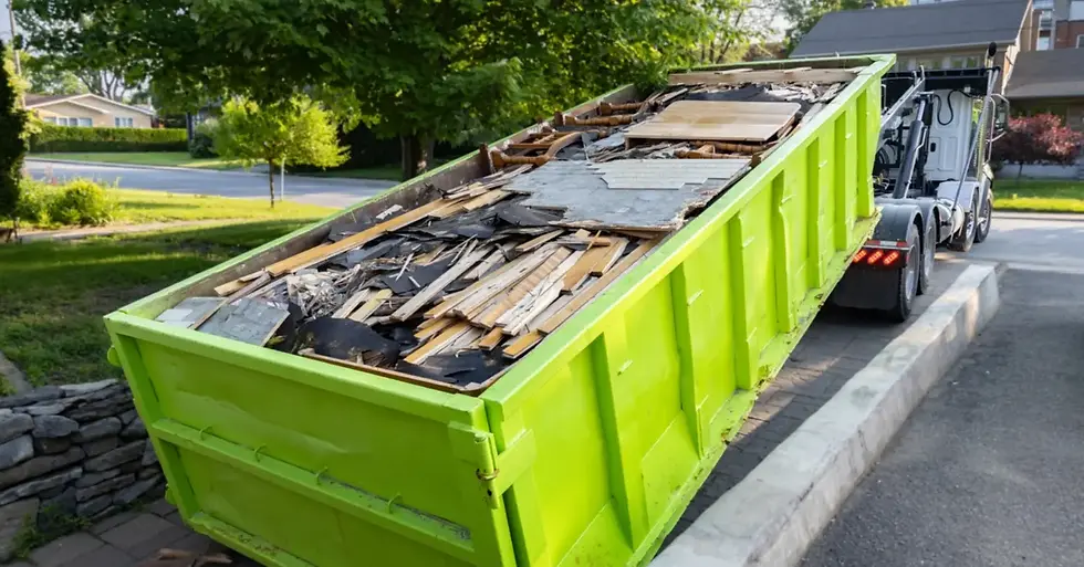 A truck is hauling a neon green dumpster out of a residential driveway. The dumpster is full of wood scraps and shingles.