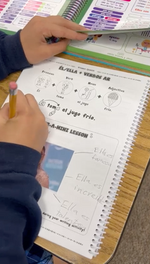 Elementary Spanish workbook page focusing on the pronouns "Él" and "Ella" combined with verbs
