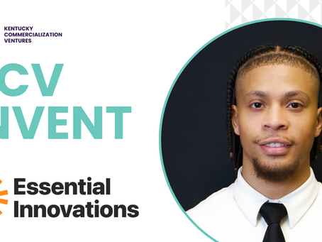 Kentucky Commericialization Ventures Initiative and their INVENT Program. There is a picture of a young man to the right who is the intern for Essential Innovations. The Essential Innovations logo is the left of the page with an orange line circle.