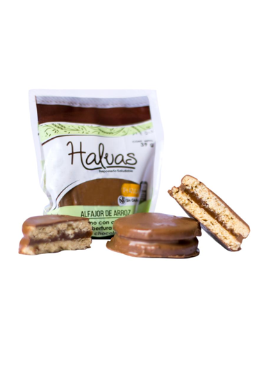 ALFAJOR DE ARROZ RELLENO DE AREQUIPE COBERTURA SABOR CHOCOLATE
