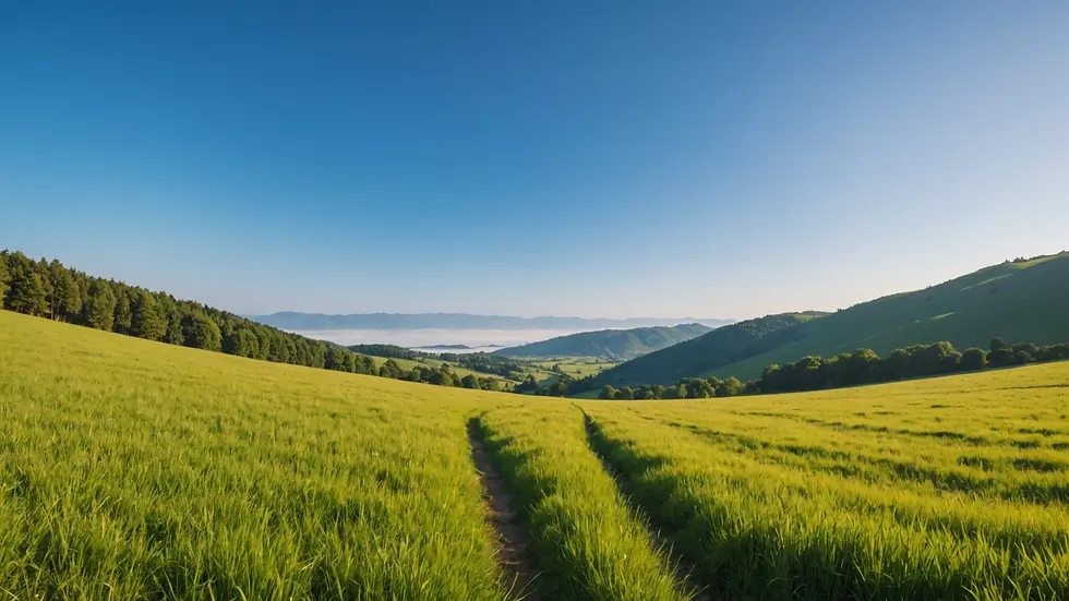 Wide angle view of a serene landscape with a clear blue sky