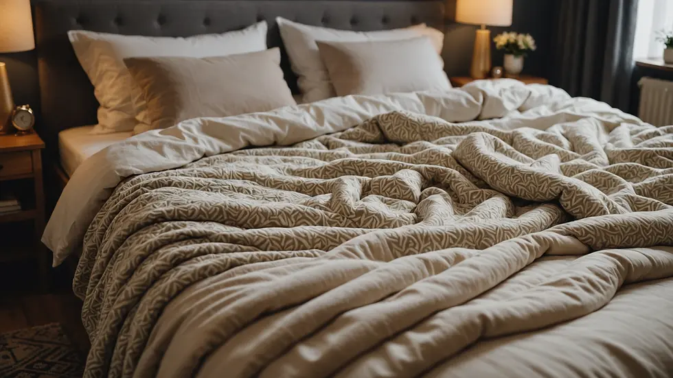 Close-up view of a cozy bed arranged with soft pillows and blankets