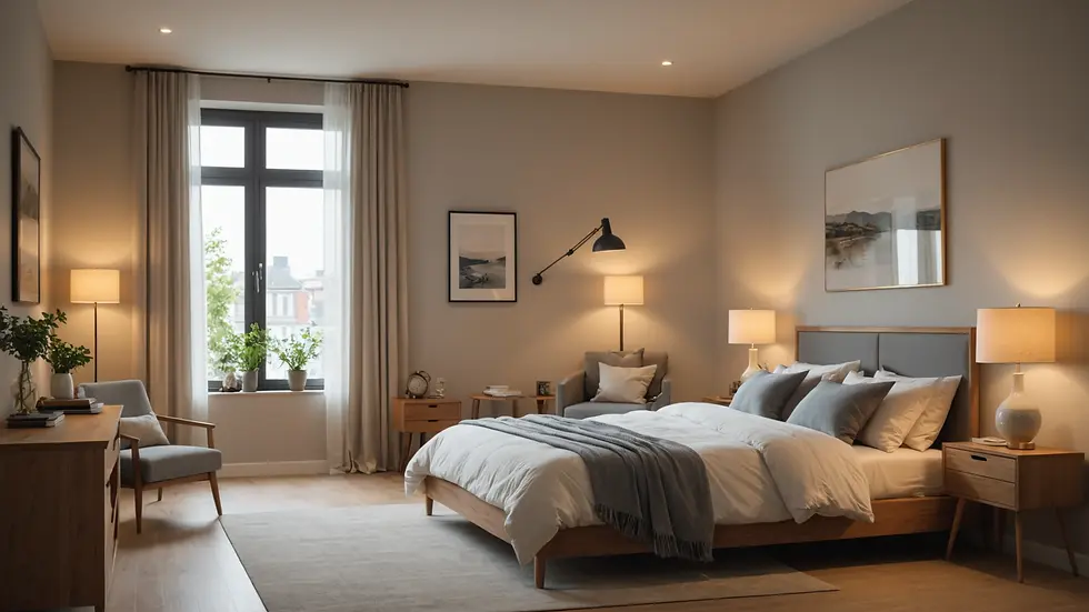 Eye-level view of a serene bedroom environment with ambient lighting