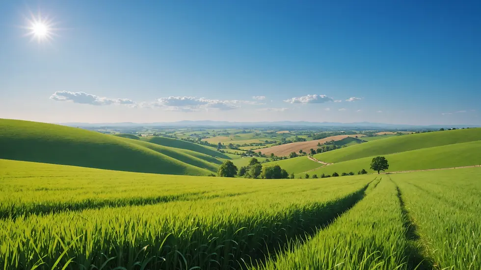 Eye-level view of a serene landscape with a clear blue sky and green fields