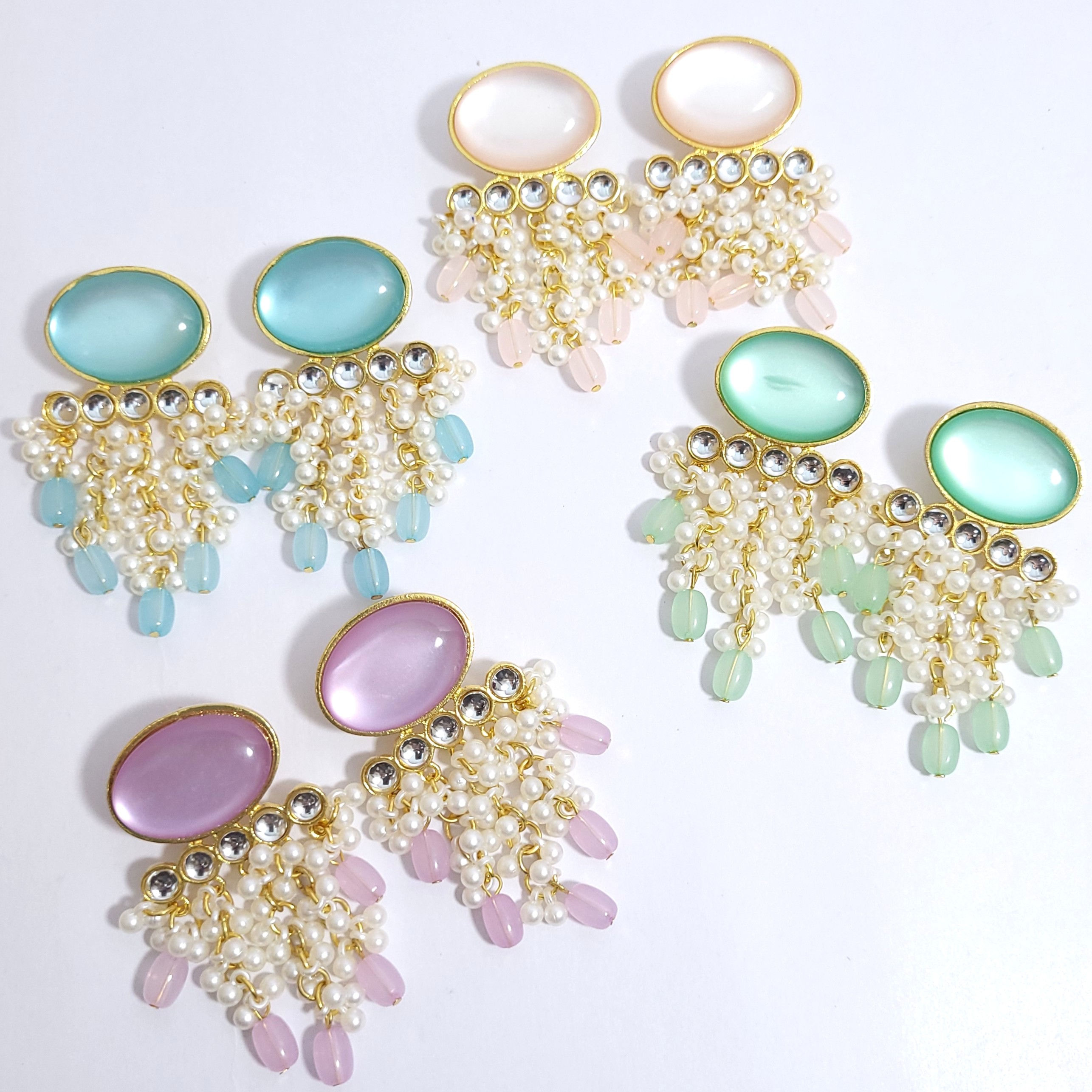 Pastel Oval Stone Earrings with Pearl Clusters - 1 Pair
