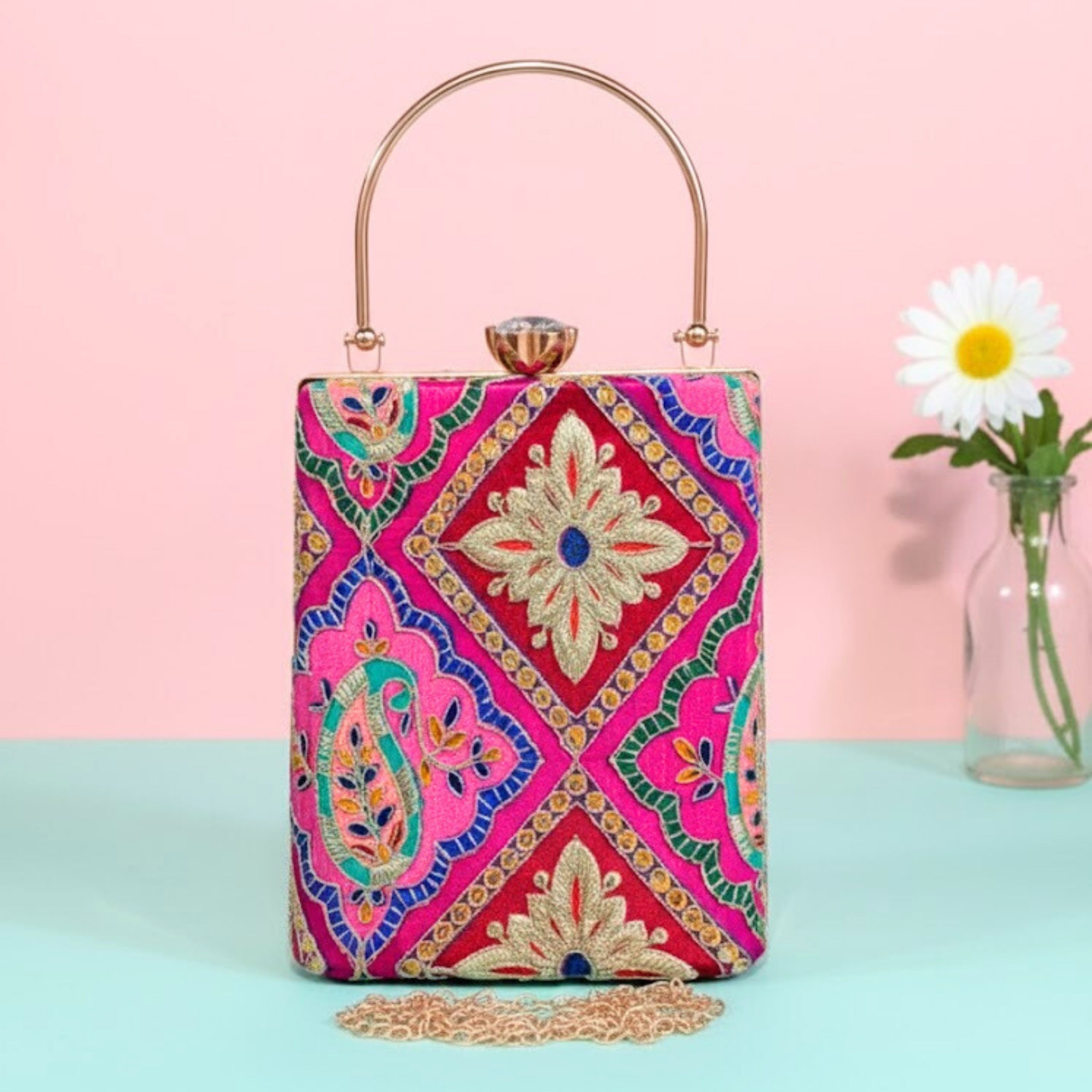 Embroidered Ethnic Box Clutch with Metal Handle & Detachable Chain Strap -